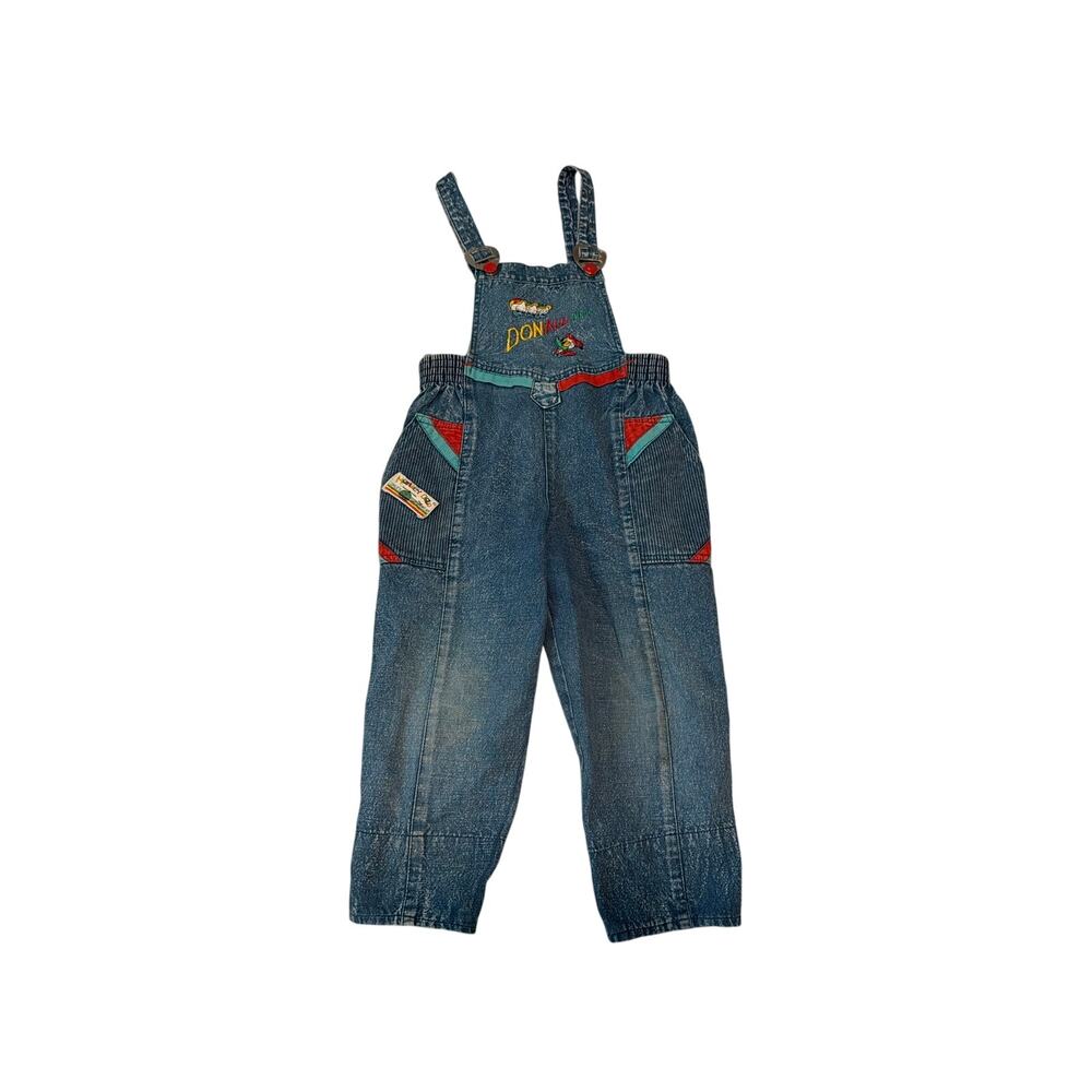 Vintage Monkey Gold Donald Duck Embroidered Acid Wash Denim Overalls Size 6
